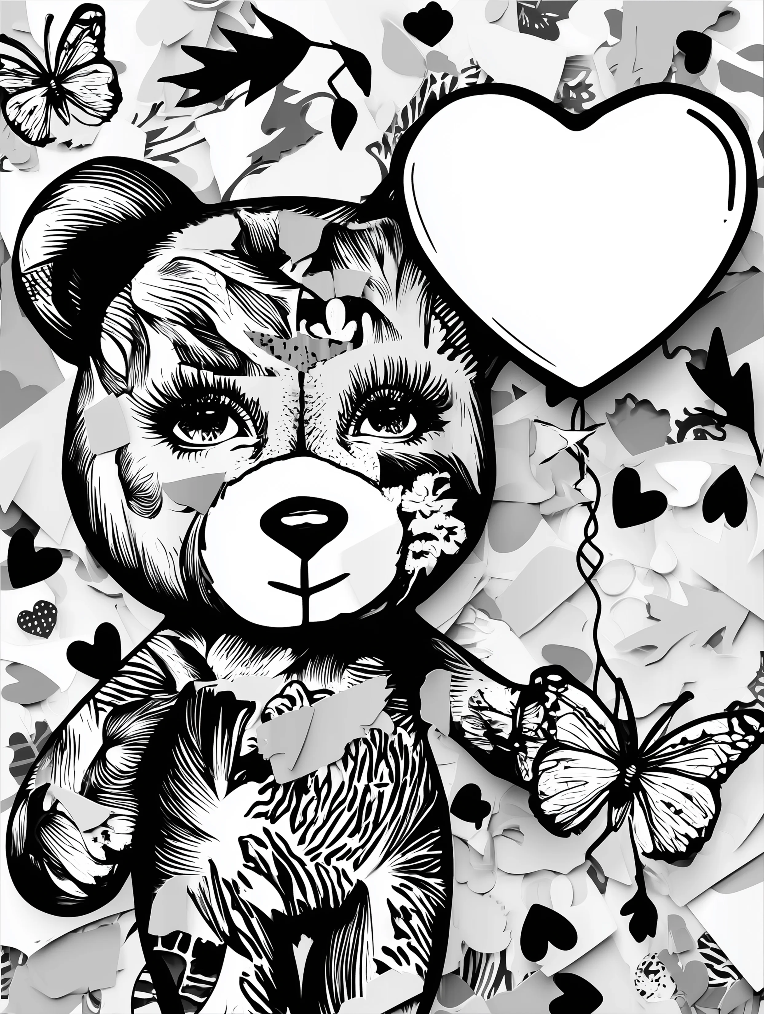 Free printable bear coloring book page featuring a bear with a balloon and butterfly